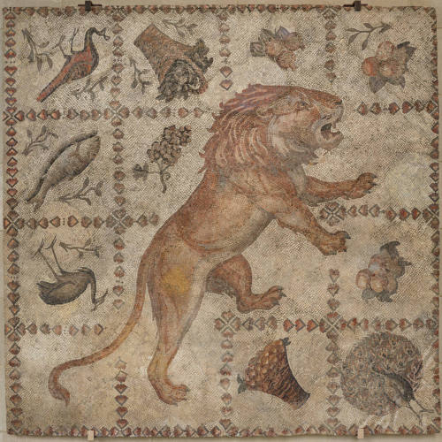 Fragment of floor mosaic depicting a striding lion, birds, and crops
